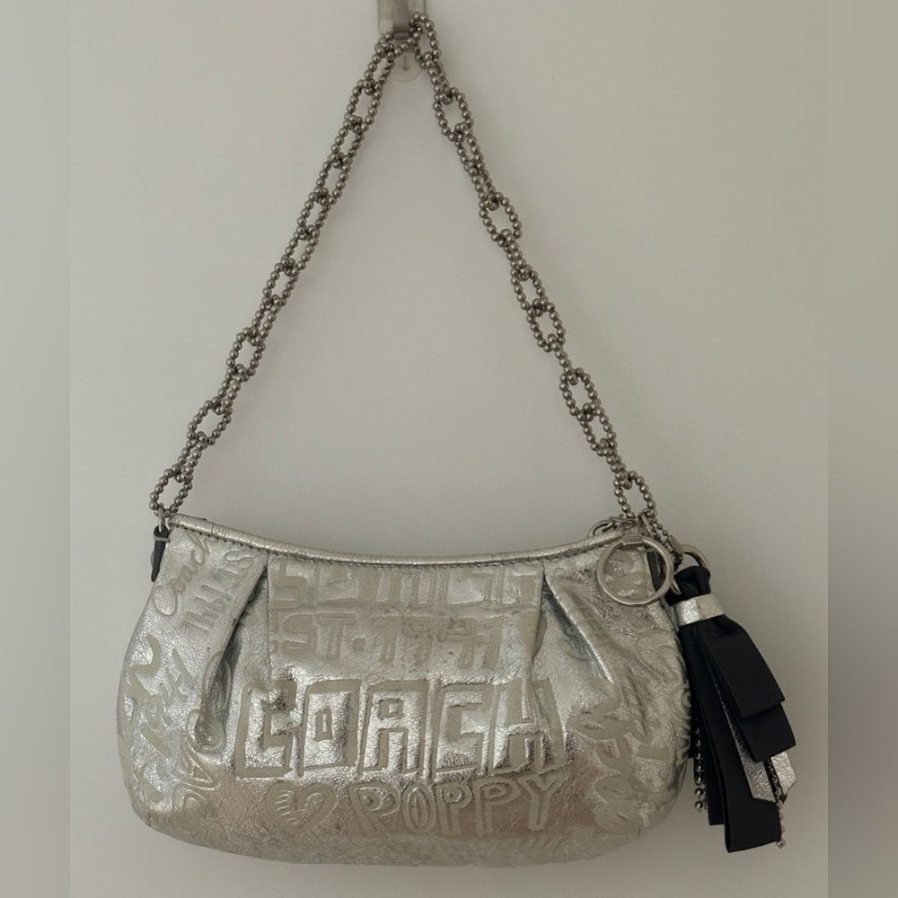 COACH POPPY LMTD ED ETCHED SILVER METALLIC STORY PATCH SATCHEL BAG - Picture 2 of 11